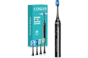 COSLUS Sonic Electric Toothbrush for Adults: Deep Teeth Cleaning & Whitening - 5 Modes & 3 Intensity Levels for Sensitive Teeth & Braces, 2 Types of Brush Heads 2 Hours Fast Charge for Home Family