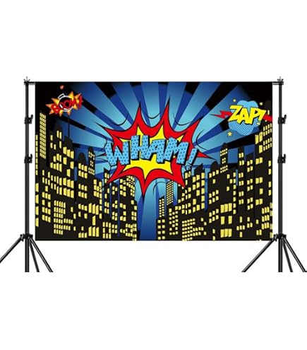 Mehofoto Sfondo Per Festa Di Supereroi 7x5ft - Paesaggio Urbano Fumetto Con Grattacieli, Sfondo Per Foto Di Bambini, Compleanni E Feste A Tema