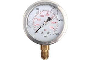 EUJGOOV Industrial Pressure Gauge Pressure Gauge, Hydraulic Pressure Gauge 0-250BAR/0-3750PSI, G1/4 Hydraulic Pressure Gauge Liquid Filled 63mm Dial Oil Pressure Gauge