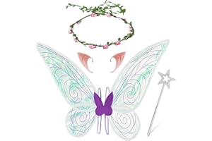 BLUELVES Ali da Fata Bambina Donna, Ali Farfalla con Orecchie da Elfo Corona Fiori Bacchette di Fata, Costume Ali da Fata Farfalla per Accessori Halloween Carnevale Feste Cosplay Bambini Adulti (Viola)