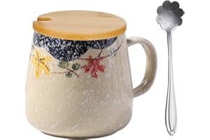 TUYINES Ceramiczny kubek na mleko z pokrywką i łyżeczką, filiżanka do kawy z pokrywką, filiżanki do cappuccino, kamionka, 400 ml, ręcznie malowany kubek na wodę, podszkliwe, duża filiżanka śniadaniowa