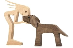 NIHEXO Pet Lover Gifts Wood Sculpture, Family & Puppy Wooden Crafts Sculpture, Unique Gift Hand Carved Wood Dog Human Statue, Pet Lover Gifts Wood Sculpture