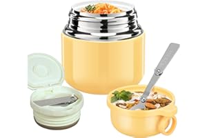 LOGEEYAR Termo para Comida 300ml Taza Aislada de Acero Inoxidable，Recipiente Aislante con Cuchara Plegable Recipiente Térmico sin BPA para Sopa,Frutas(Amarillo)