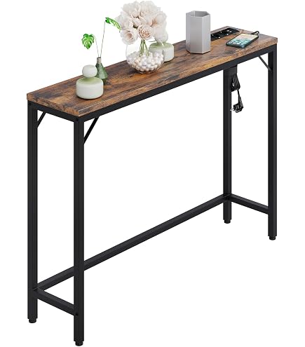 Masupu Konsolentisch Mit Steckdose & USB – Schmaler Sofatisch In Weiß & Gold, 180 X 80 X 20 Cm – Für Flur, Wohnzimmer, Hinter Die Couch
