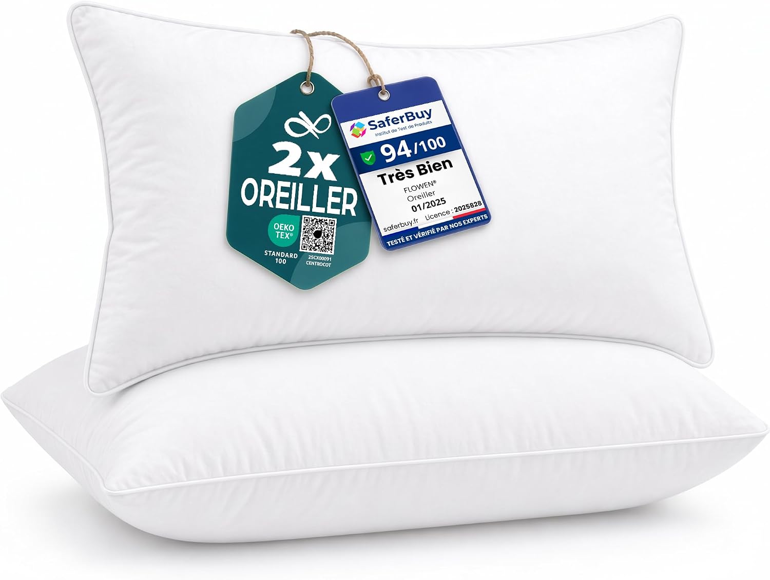 Oreiller 40x60 Lot de 2 pour Le Lit Coussins pour Dormir et Décoratifs Antiallergiques Anti-Acariens et Rafraichissant Rectangulaire Taie d'Oreiller Blanc en Microfibre Amovible et Lavable