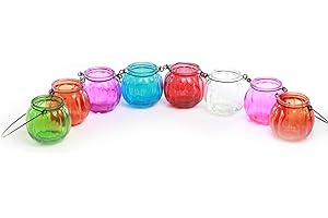 GOLDBEARUK Glass hanging lanterns X8 different coloured glass tealight holders with handles