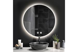 Warmiehomy Round Bathroom Mirror with LED Lights,600mm Illuminated LED Bathroom Mirror Wall Mounted with 3 Colour Lighting,Anti-fog,Waterproof IP44,Touch Control