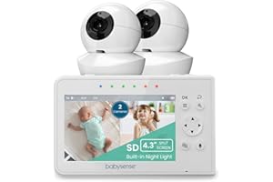 Babysense Baby Monitor Video, Schermo Diviso da 4,3" con Due Camere, Funzione PTZ, Raggio D’azione 300m (Nello Spazio Aperto), Luce Notturna Regolabile, Comunicazione Bidirezionale, Zoom, Ninne Nanne