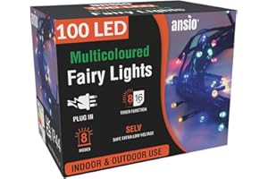 ANSIO® Christmas Lights 100 LED 10m/32ft Christmas Tree Lights for Indoor & Outdoor Multicolour Decorations Fairy String Lights for Xmas Garden Bedroom & Party | Mains Powered Green Cable