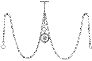 TREEWETO Orologio da taschino da uomo con doppia catena Albert a maglia barbazzale, 3 ganci con ciondolo a forma di bussola anticato, design a T, Argento, 28.5 inches, Retro