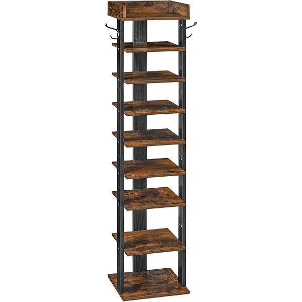 HOMEFORT 7-Tier Houten Schoenenrek, Dubbele Rijen 7-Tier Schoenenplank, Schoenenopslagstandaard, Entryway Schoenentoren, Verticale Schoenenorganisator Perfect voor Smalle Closet, Entryway, Hal, Slaapkamer in Rustiek Bruin