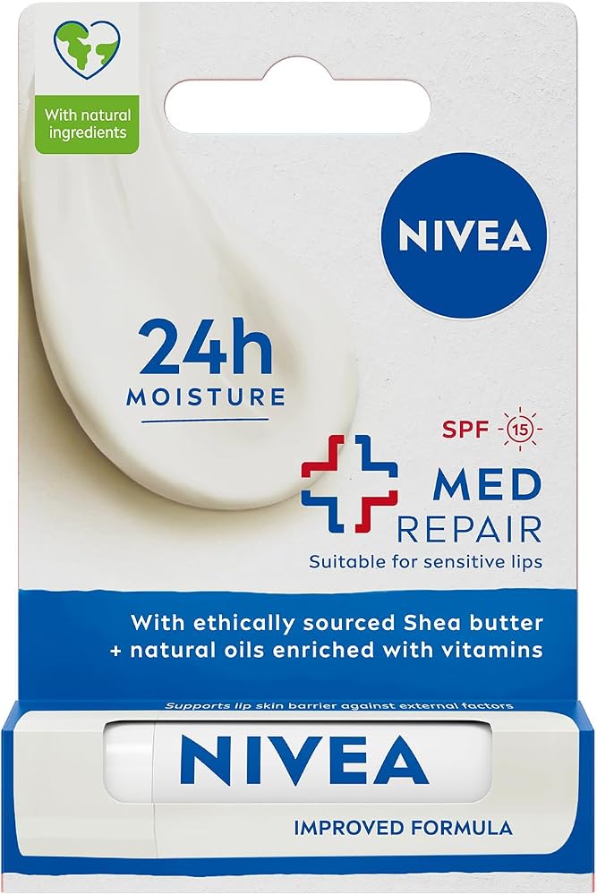 NIVEA Med Repair Dudak Bakım Kremi, 24 Saat Nem,Doğal Yağlar ile Çatlamış Dudak Bakım,SPF 15 (4,8 ml)