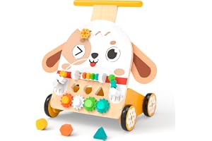 Fozcmisw gåvvagn trä hund Montessori 6-i-1 från 1 år, motorikkub | Gåvagn i söt hunddesign, 6-i-1: pärllabyrint, formsorterare, kugghjul, klocka och snurra