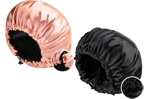 LADAYPOA 2 Pcs Satin Sleep Cap for Women Long Hair Silky Bonnet for Curly Hair Waterproof Satin Hair Cap for Sleeping Extra Large Double Layer Adjustable Satin Bonnet for Women