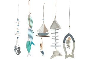 Logbuch-Verlag Set de 5 Accesorios Colgantes Marinos de Madera Natural en Tonos Beige y Azul - Colgantes Decorativos Estilo Marino y náutico