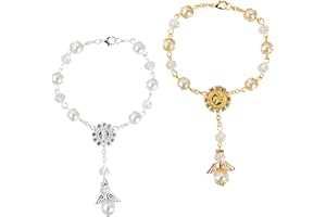 MARJORAMY 2 Stück Imitation Perle Rosenkranz Rückspiegel Anhänger mit Kreuz Armband Spiegel Zubehör zur Personalisierung des Fahrzeuginnenraums (Gold/Silber)