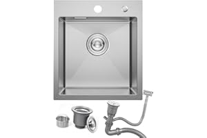 BOKAIYA 40×45cm Fregadero Cocina Cepillado, Fregadero Cocina 1 Seno sobre Encimera ou Empotrado, Fregadero Cepillado 1 Seno Inox con Desbordamiento y Sifon, Bares y Restaurantes