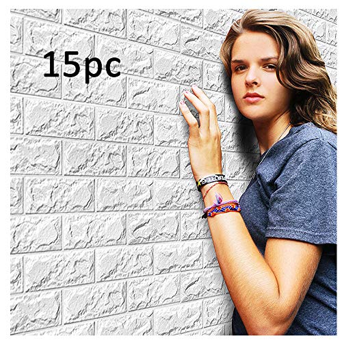Mumustar 60 X 30 X 0.8cm PE Foam Self Adhesive 3D Wall Stickers Wallpaper Embossed Brick Ceramic Tile Stone Wall Panels Decals For Bedroom Kitchen Livingroom Decor (15PC White)