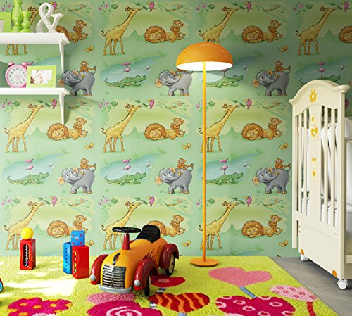 NEWROOM Kindertapete Hellgrün Papiertapete Blau,Grau,Grün,Orange,Pink,Weiß Kinder Tiere schöne moderne und edle Optik für Babys, Jungs oder Mädchen , inklusive Tapezier Ratgeber - 2
