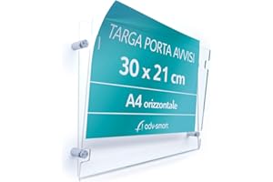 adv-smart Targa Porta Avvisi, Messaggio, Segnaletica, formato A4 orizzontale 30x21 cm, Tasca in plexiglass trasparente fissaggio a parete con distanziatori in acciaio