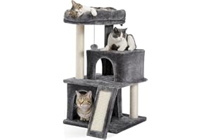 Amazon Brand – Eono Cat Tree 86cm Sisal Scratching Post Kitten Furniture Plush Condo Playhouse with Dangling Toys Cats Activi