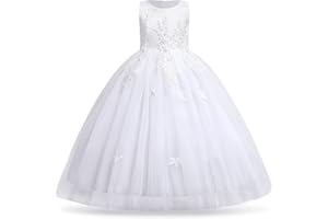 IWEMEK IWEMKE Enfants Filles Robe Mariage Tulle Dentelle Robe Princesse Longue Fleur Brodée Soirée Demoiselle d'honneur Robe Tutu sans Manches pour Pageant Baptême Fête Anniversaire Carnaval 3-12 Ans