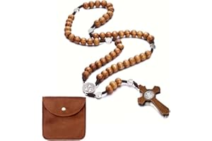 BCHKO Collier Chapelet Catholique en Bois Naturel, Collier de Prière avec Croix, Idéal pour Communion, Baptême, Messe, Étude Biblique (avec Pochette de Rangement)