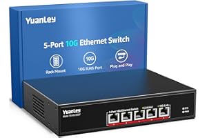 YuanLey 10G Conmutador Ethernet 5 Puertos RJ45, Admite Autonegociación de Velocidad 10G/5G/2,5G/1G/100M, Capacidad de Conmutación 100G, Conmutador No Gestionado Montable en Bastidor, Plug and Play