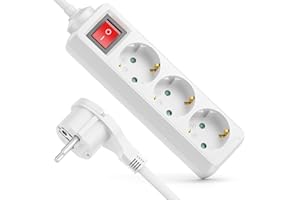 deleyCON Listwa Zasilająca 3-Gniazda z Płaską Wtyczką i Wyłącznikiem, do Użytku Wewnętrznego, Kabel 1,4m, Trwała Obudowa z Tworzywa Sztucznego - Biała