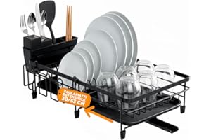 Avilia – Scolapiatti da Appoggio Estensibile Antiruggine con Portaposate Rimovibile e Vassoio Raccogligocce, Ideale come Scola Piatti da Appoggio Sopra Lavandino per Cucina Ordinata e Moderna