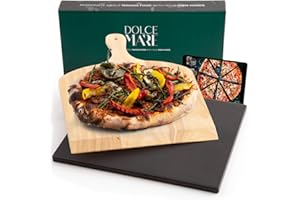 DOLCE MARE Pierre à pizza noire incluant une réglette à pizza en bois - Pierre à pizza en cordiérite de haute qualité pour four & gril - Pierre à cuire pour une pizza croustillante