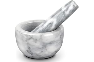 Parmedu Marmor-Mörser- und Stößel-Set: Küchenmühle aus Naturmarmor in kleiner Größe mit 10cm Durchmesser - Manuelle Gewürzmühle Kräutermühle Pillenzerkleinerer mit Stößel in Weiss