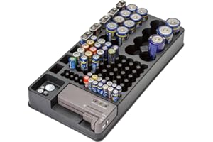 EUROtops Batteriebox mit Tester – Batteriebox mit 98 Plätzen/Organizer ohne Batterien, Für AAA-, AA-, C-, D- und 9V Block-Batterien, Herausnehmbarer Batterietester, Schwarz