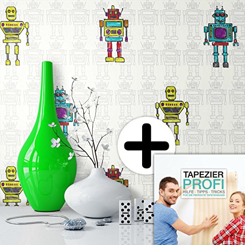 Kindertapete im Roboter Design Türkis, Gelb, Grün , schöne tolle Tapete für Jungen und Mädchen , Deco Technik inklusive Newroom Tapezier Ratgeber mit Tipps für perfekte Wände - 5