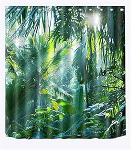 LB Dschungel Wald Duschvorhang mit Haken, 180x180cm Tropische Pflanze