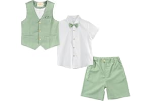 LOLANTA 4 pièces Costume Garcon Mariage Ete, Tenue Enfant Garcon Ceremonie, Vêtement Baptême Anniversaire Garçon Page, Ensemble Costume Short Lin Gile Chemise avec nœud Papillon