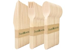SUNMOON 150 Pack Disposable Wooden Cutlery Set, Eco Friendly 50 Spoons 50 Forks 50 Knives, Plastic Free Packaging, Substitute for Plastic and Bamboo, Disposable for Parties, Travell
