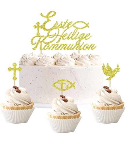 DPKOW 25 Stück Glitzer Erstkommunion Tortendeko, Mit Taube, Engel, Kreuz, Fisch, Für Torte & Cupcakes
