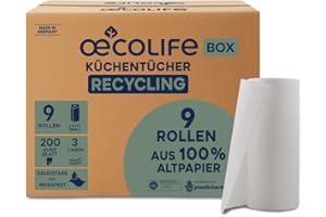 ŒCOLIFE oecolife - Asciugamani da cucina "Ricicling", 9 rotoli da 200 fogli, fogli corti, rotoli da cucina, senza plastica, sostenibili, rotoli per la casa, asciugamani multiuso