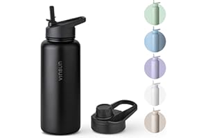 Vinsun Botella Agua Acero Inoxidable 1 Litro - Botella Termica con Pajita (2 Tapas) - sin BPA, Doble Pared, Prueba de Fugas - Cantimplora Termica para Deporte, Oficina, Viaje