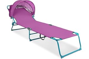 LANMOUNTAIN Heavy Duty Oversized Folding Beach Lounge Chairs, Portable Trifold Tanning Chairs with Sun Shade & 3 Adjustable Positions for Adults, Suitable for Beach Outdoor Camping Trips,Purple