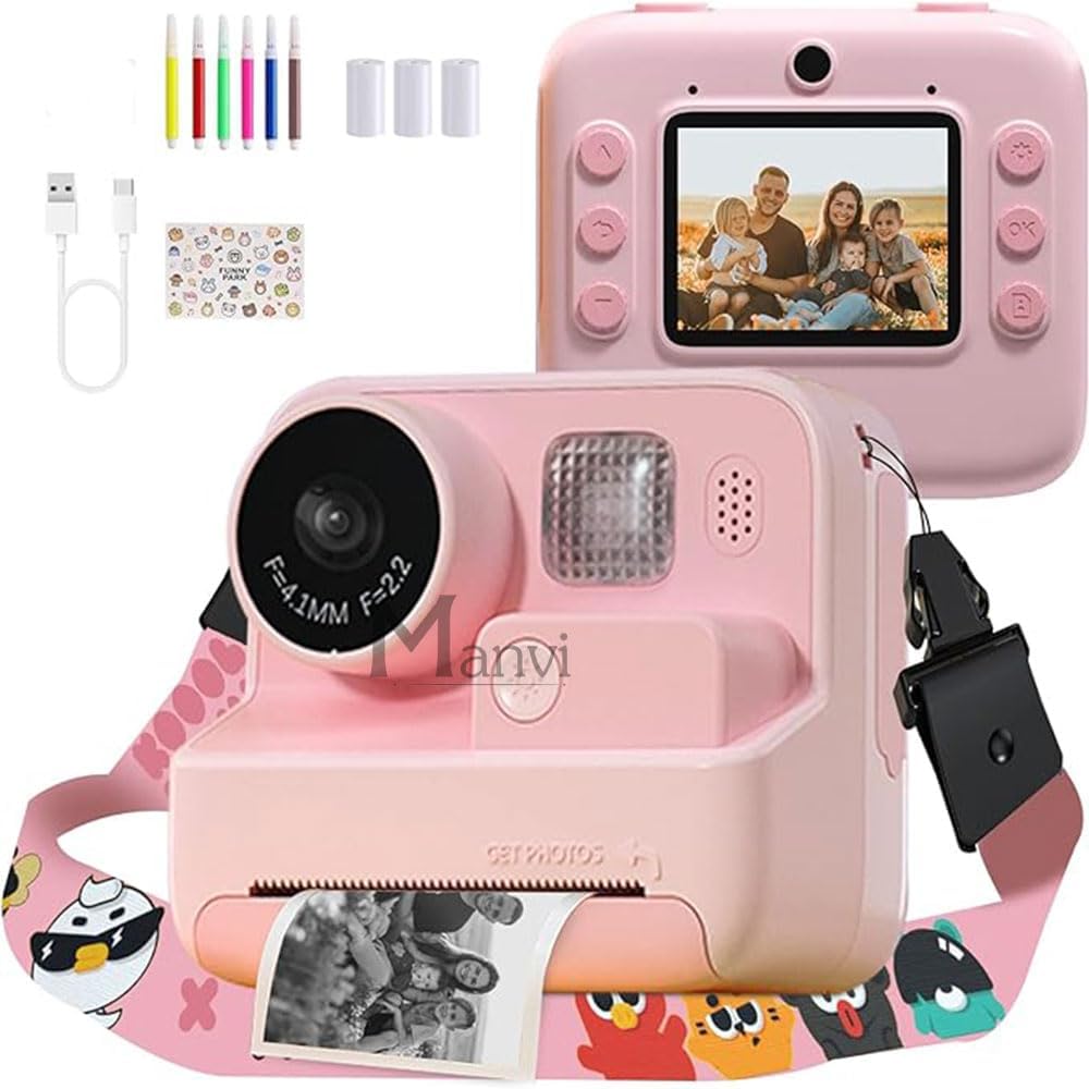 MANVI Instant Print Camera for Kids, 48 MP Print Camera for Boys & Girls, 1080P Video Recoding Camera with 3 Printing Rolls (