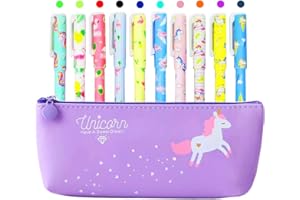 MAOMAOYU Astuccio con Motivo Unicorno, con 10 Penne Colorate con Figure di Unicorni e Fenicotteri, Idea Regalo per Ragazze, Viola