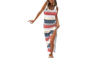 ZEIAYUAS Casual Dresses for Women UK High Slit Sleeveless Maxi Dress Ribbed Drawstring Summer Sundress Boho Beach Party Tank Dresses Slim Fit Knit Stripted Color Block Long Vest Dress