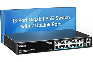 VIMIN Switch Gigabit PoE de 16 Puertos con 2 Puerto Uplink Gigabit, Switch Ethernet PoE no Gestionado de 18 Puertos con 250W de Potencia, Compatible con IEEE802.3af/at, VLAN, Carcasa de Metal
