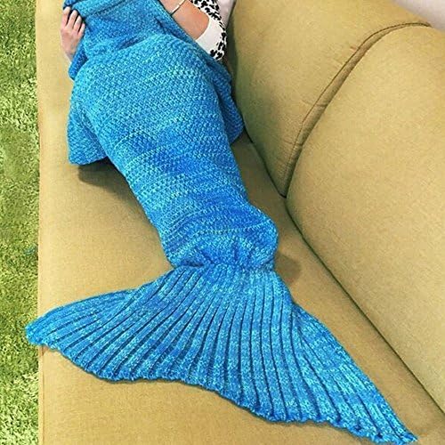 Forally Mermaid Tail Blanket, Handmade Knitted Sofa Quilt Living Room Mermaid Blanket - For Air-Conditioner Room Or Cold Weather(Winter) - For Adult Or Kids - Universal Size 73.5"X36.7" (Blue)