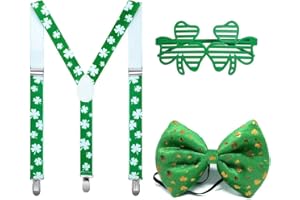 WUERKIYA 3 pezzi Accessori per costumi per il giorno di San Patrizio bretelle occhiali papillon con motivo a trifoglio accessorio per costume festa a tema carnevale