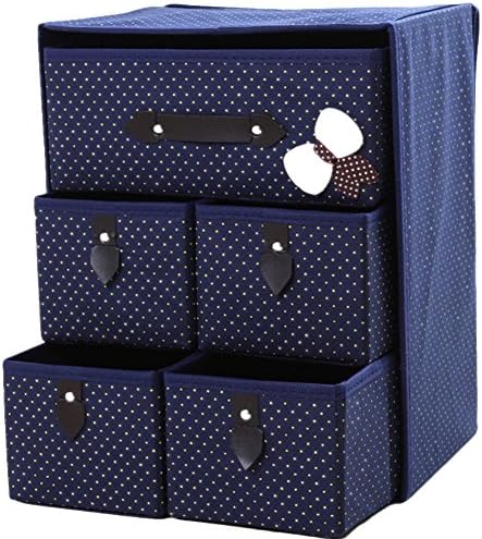 Storage Drawers Boxes, Storage Container Bins with Drawers Divider 3 Layers 5 Cells Linen Drawer Organizer Box with Drawers with Lids (Blue)