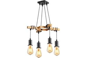 DAXGD Suspension Luminaire Industriel, Plafonnier lustre en Bois E27, Luminaire Plafonnier Vintage Noir Réglable en Hauteur pour Salon Cuisine, Chambre, 4 Ampoules NON INCLUSES