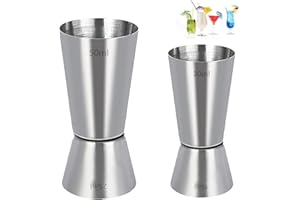 KUOU Set of 2 Stainless Steel 25/50 ml & 15/30 ml Cocktail Jigger Spirit Measure Cup, Shot Measure Dual Measuring Cup for Bar Party Wine Cocktail Drink Shaker Shaker